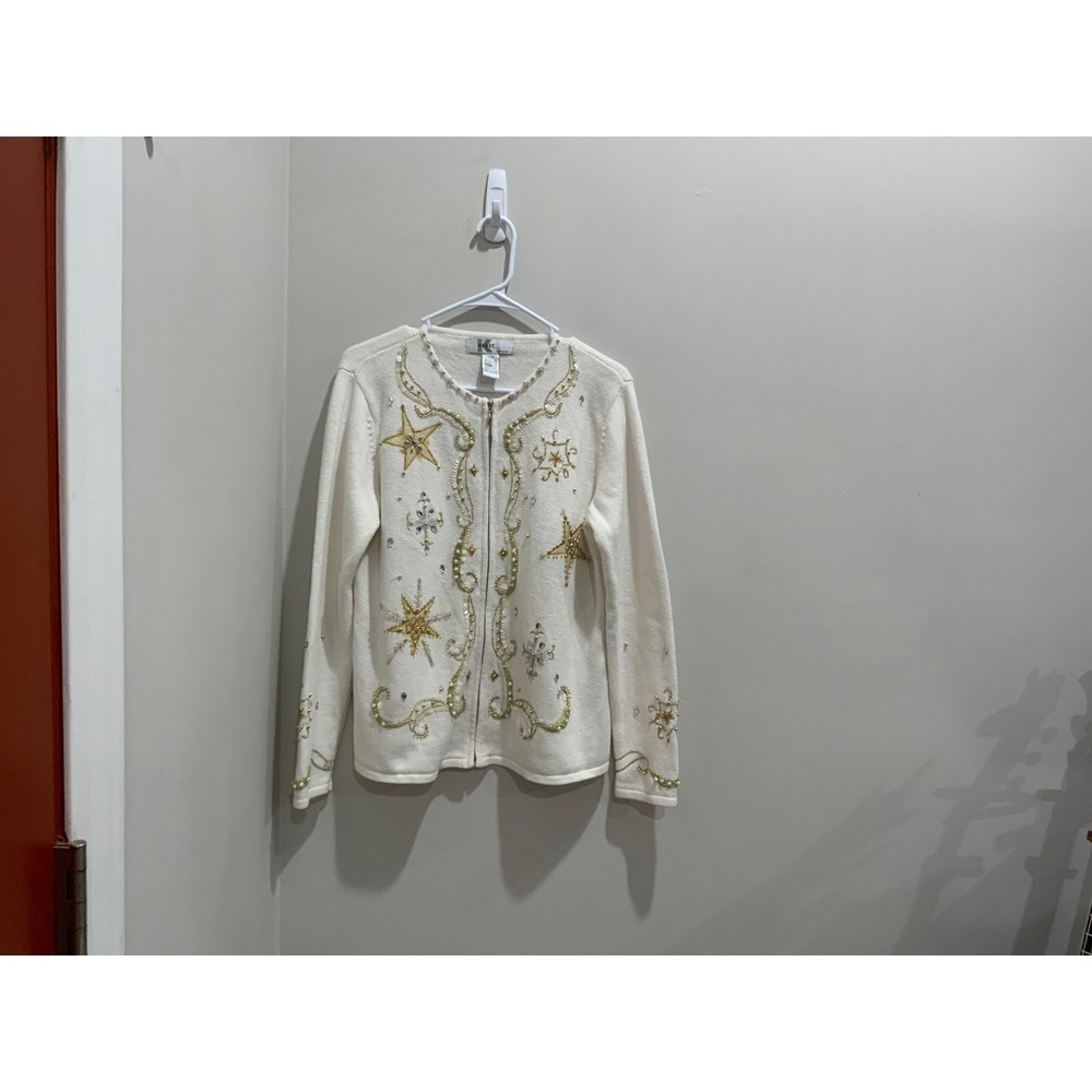 KIKIT Knitwear White Zip Cardigan Star Snowflake Beaded Sequin Sweater Womens M